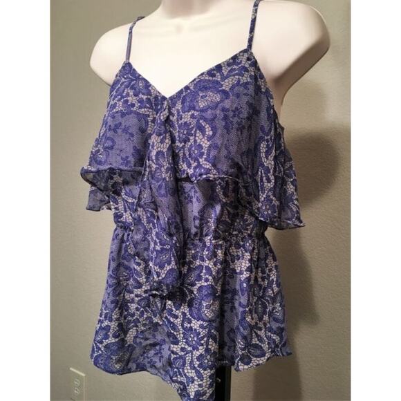 Rebecca Taylor silk tank top blue floral lace print adjustable straps Size 8 - Picture 2 of 7